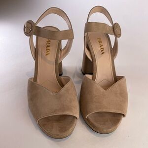 Prada camel coloured suede platform heels.